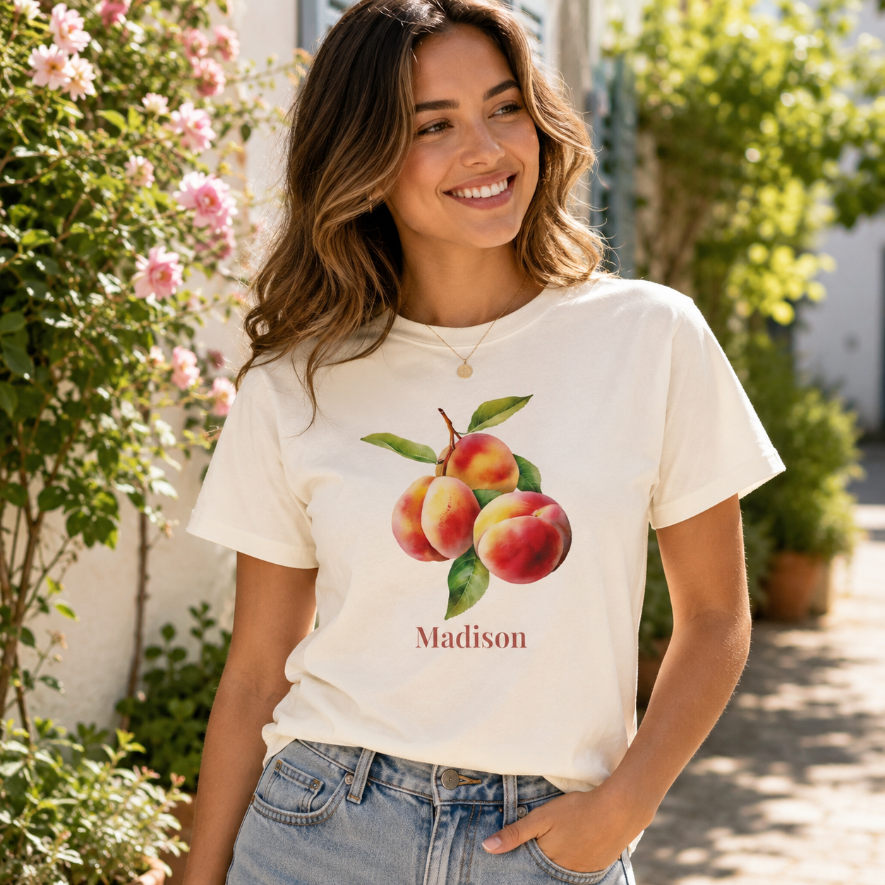Peach personalized t-shirt worn by model close-up