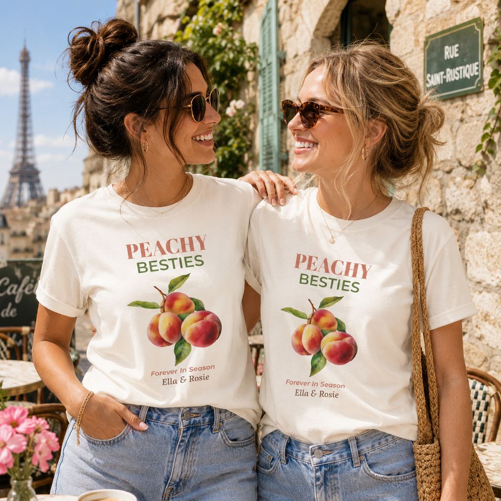 Peachy Besties personalized tee shown in an alternate color