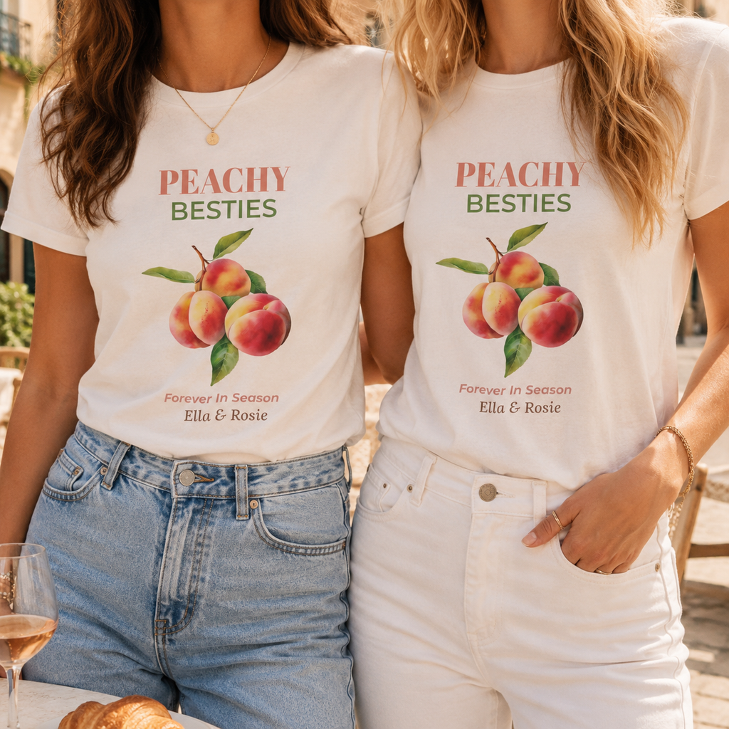 Peachy Besties personalized t-shirt flat-lay with greenery