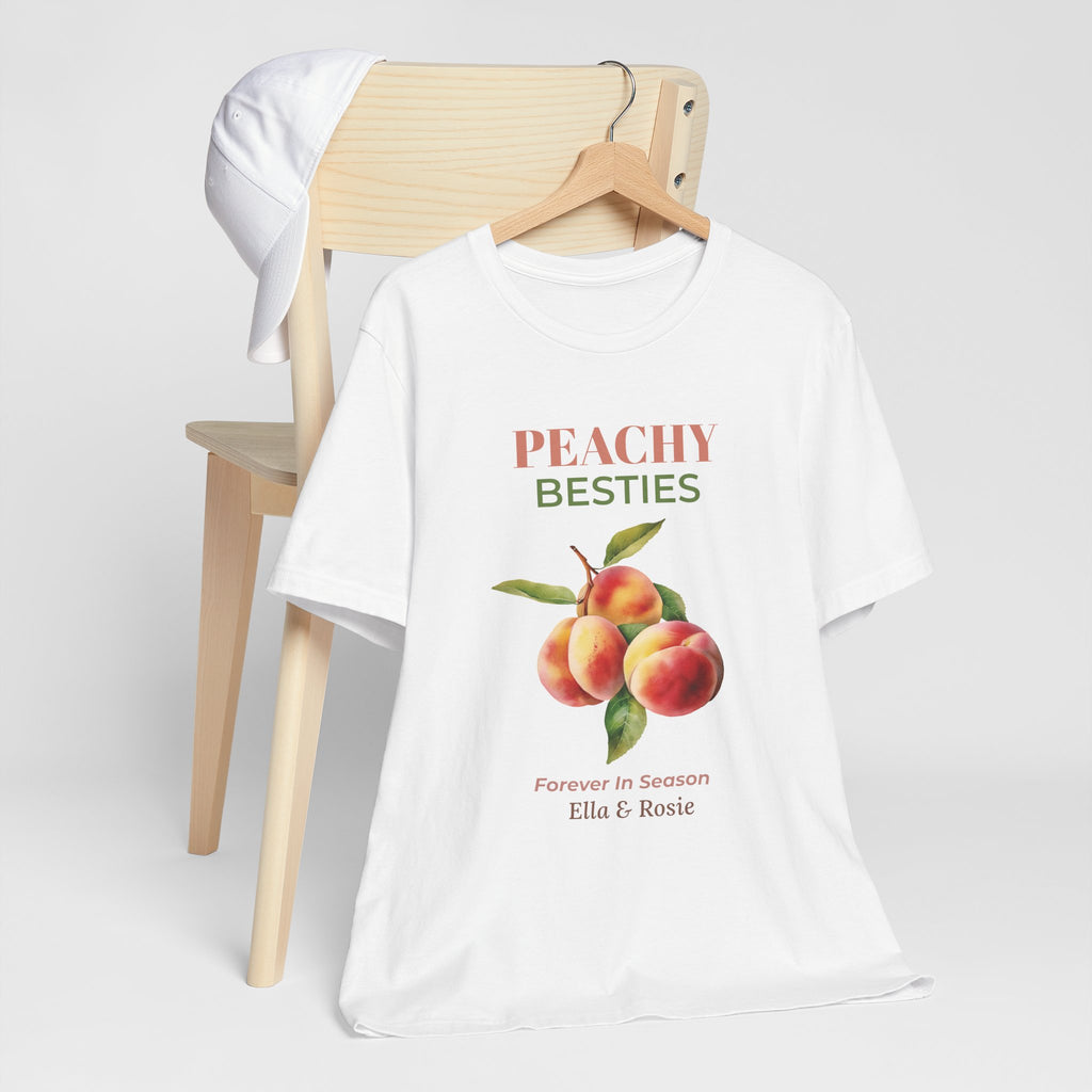 Detail of the personalized text on the Peachy Besties tee