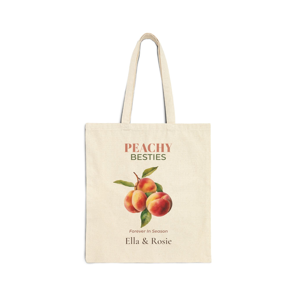 Personalized Peachy Besties natural canvas tote with a watercolour peach design, 'Forever In Season' and two names