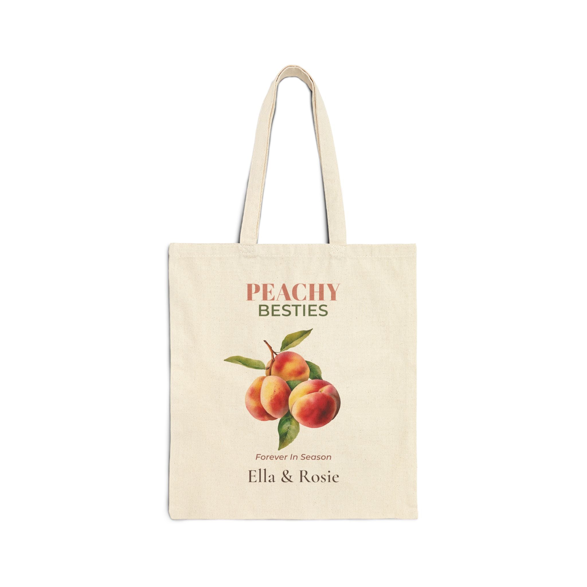 Personalized Peachy Besties natural canvas tote with a watercolour peach design, 'Forever In Season' and two names
