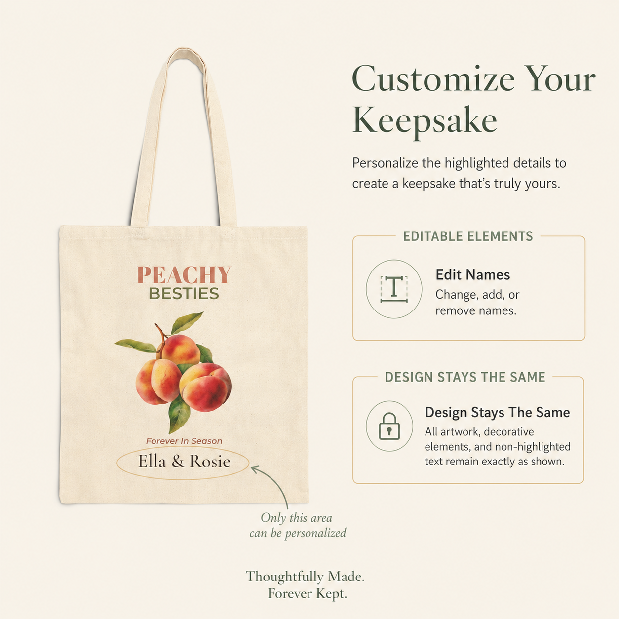 Peachy Besties personalized cotton tote bag shown flat