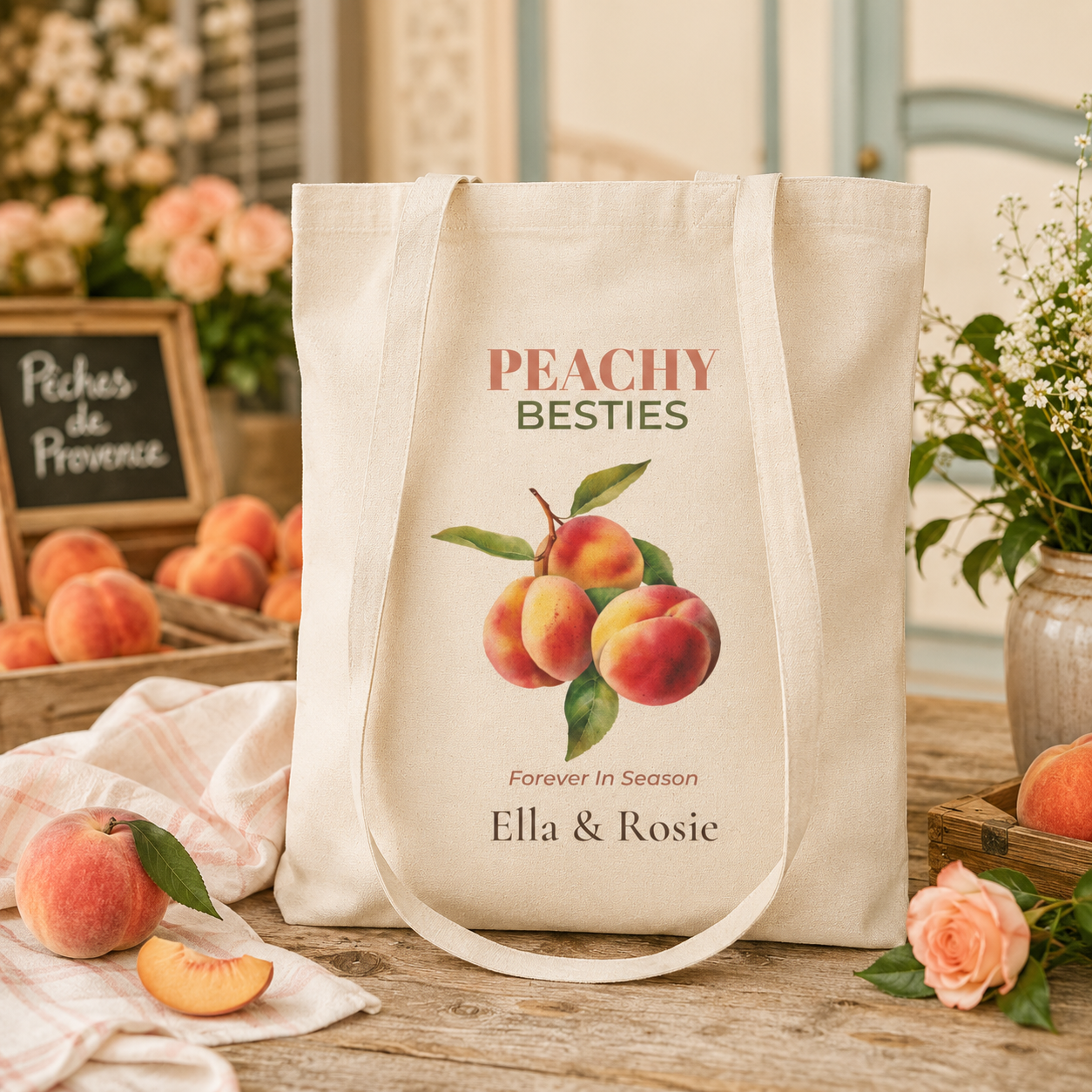 Peachy Besties personalized tote bag shown held by the handles