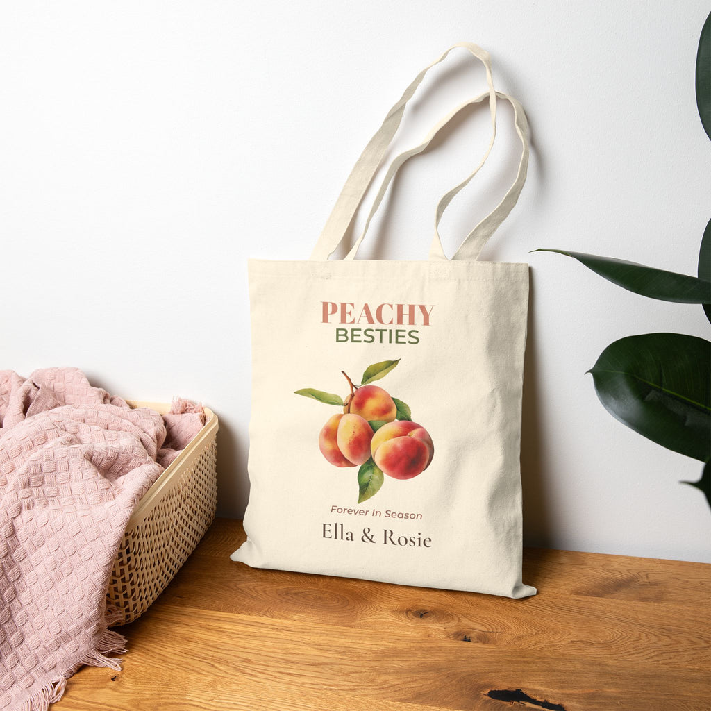 Peachy Besties natural canvas tote styled for a market trip