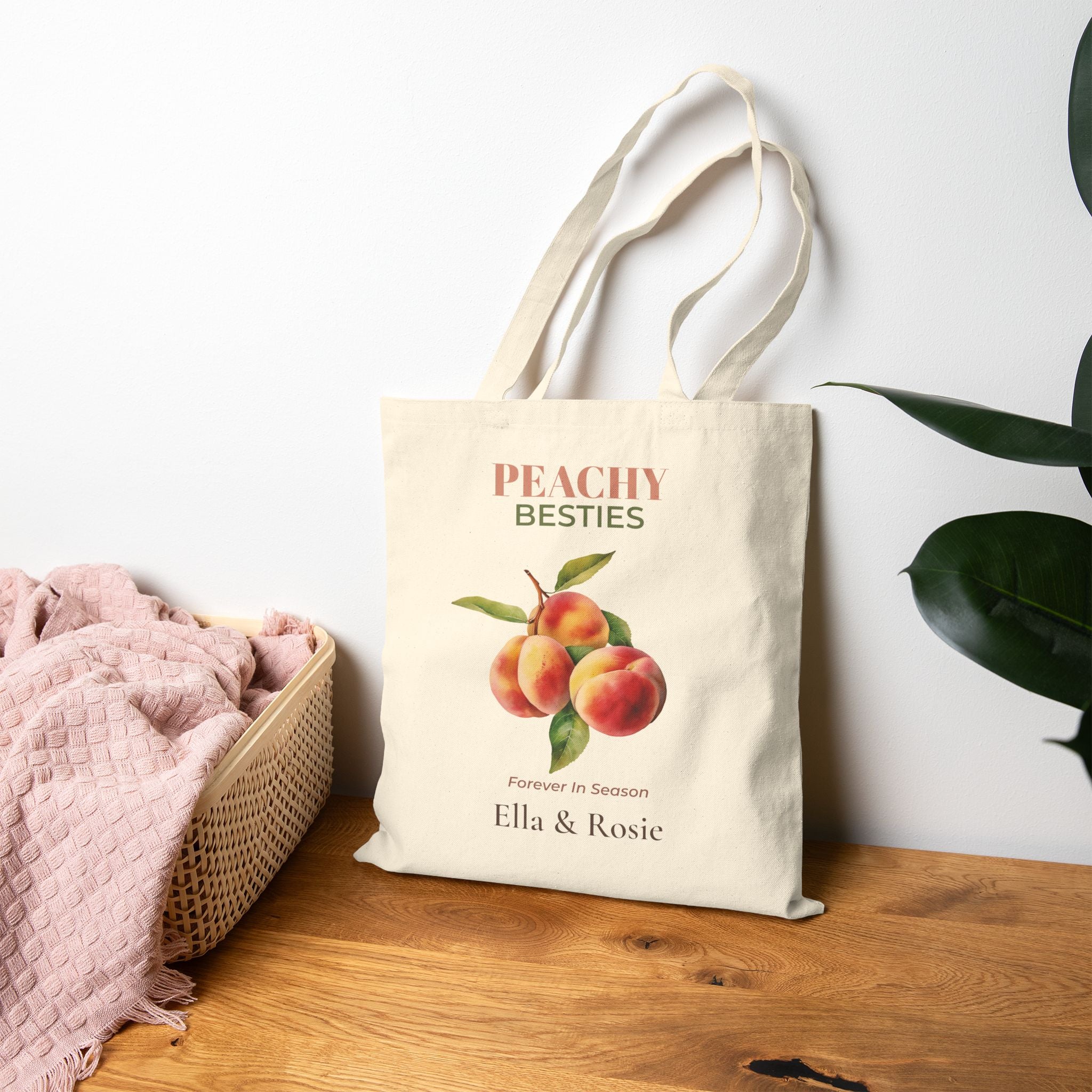 Peachy Besties natural canvas tote styled for a market trip