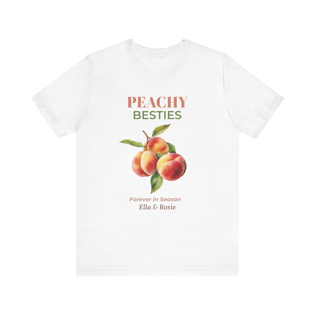 Personalized Peachy Besties t-shirt with a watercolour peach design, 'Forever In Season' and two best friends' names