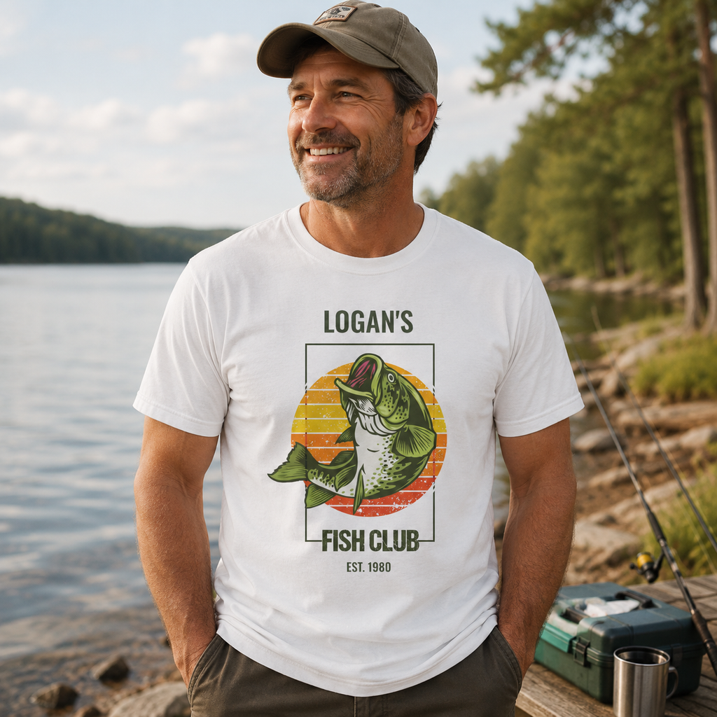 Back view of Personalized Fish Club white t-shirt