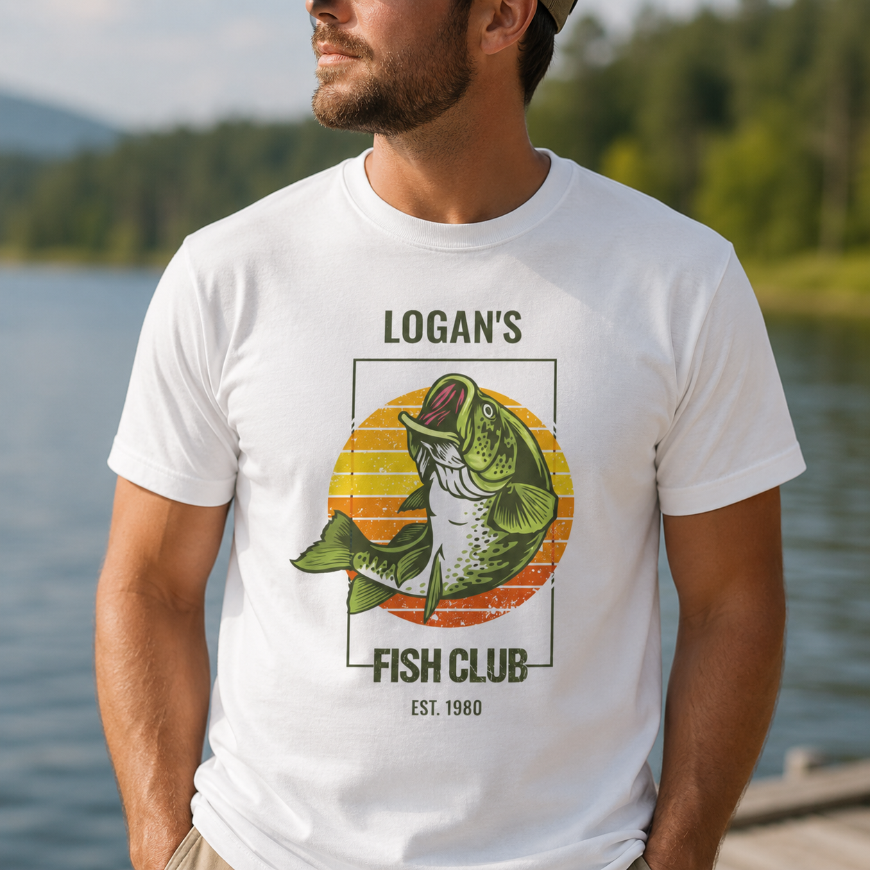 Close-up of retro bass fishing graphic with personalized name and year print
