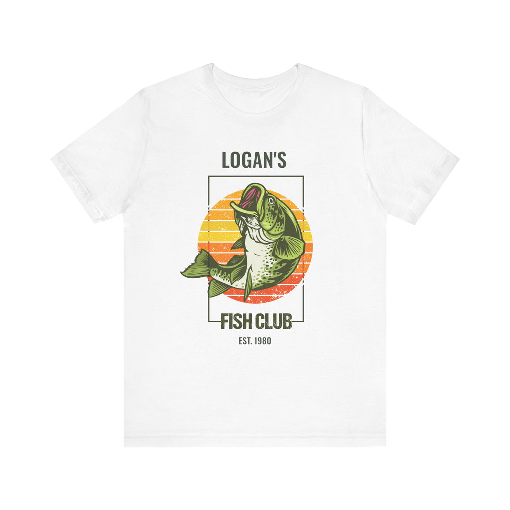 Personalized Fish Club white t-shirt with retro bass fishing graphic and custom name