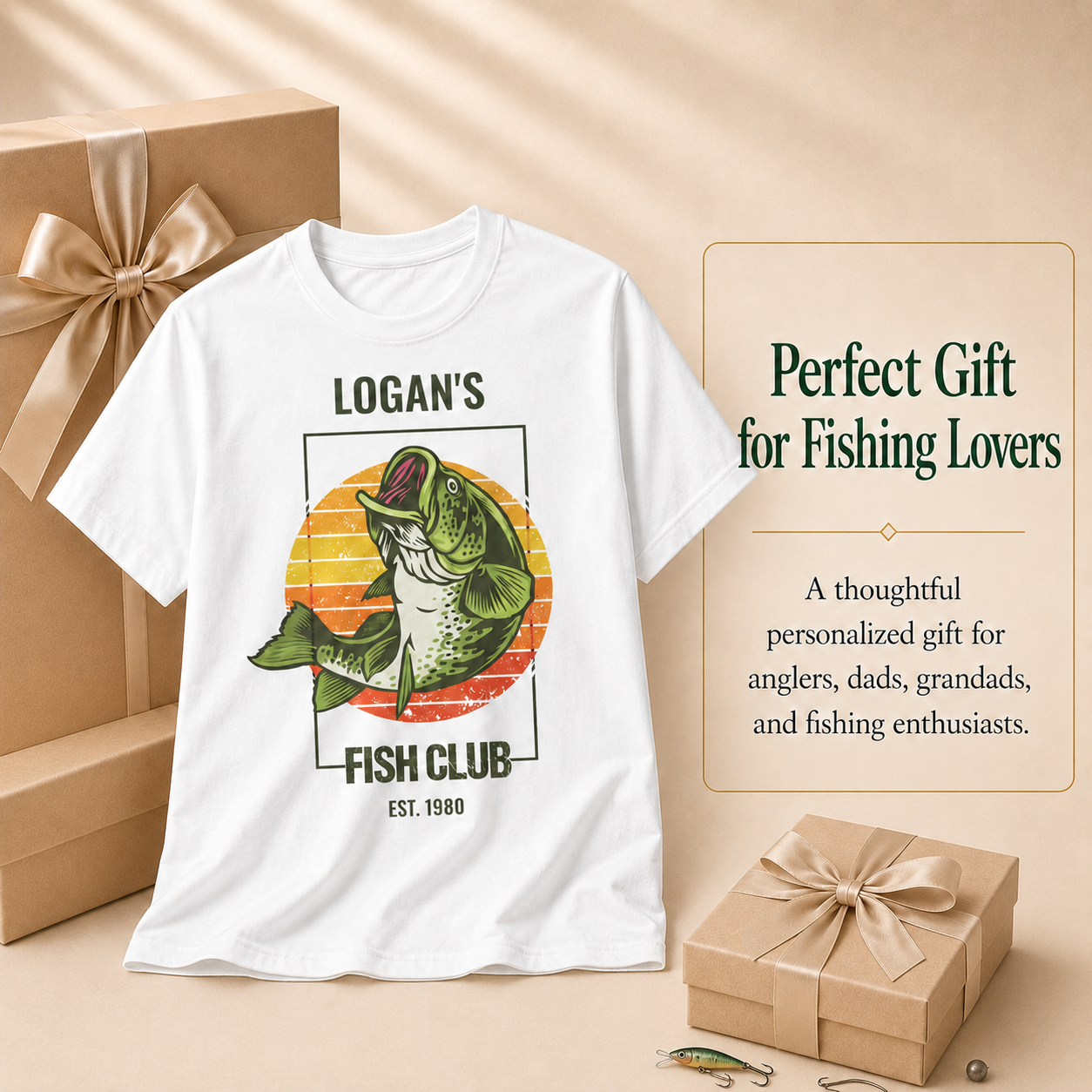 Folded Personalized Fish Club t-shirt showing size and fit