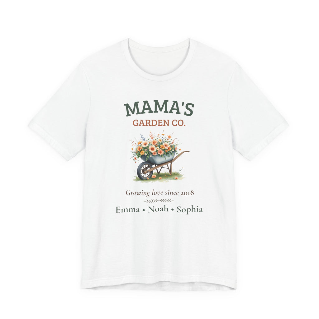 Personalized Mama's Garden Co. t-shirt with a floral wheelbarrow design and custom family names
