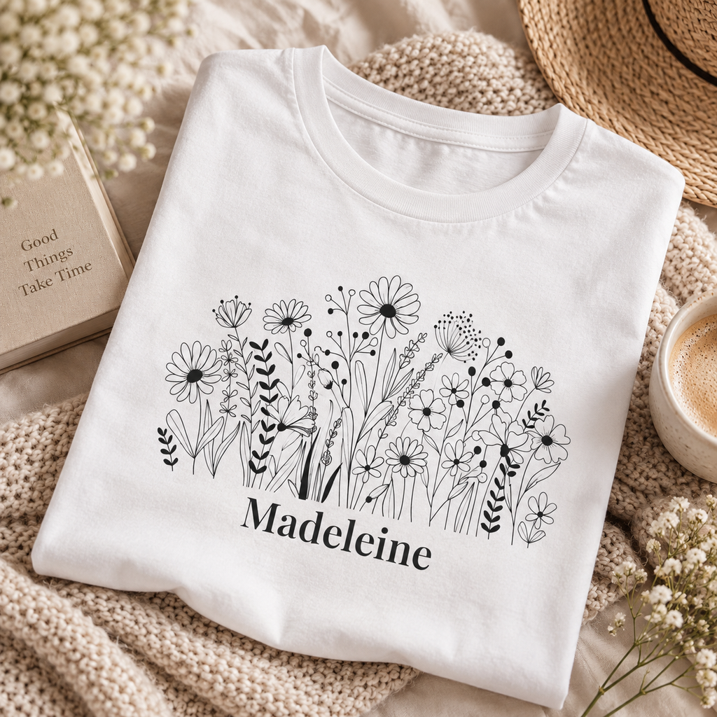 Wildflower t-shirt worn casually, front view