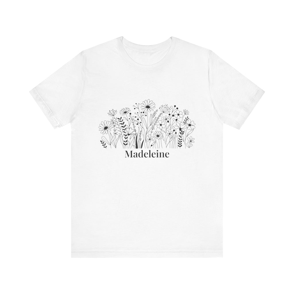 Personalized wildflower line art white t-shirt with name