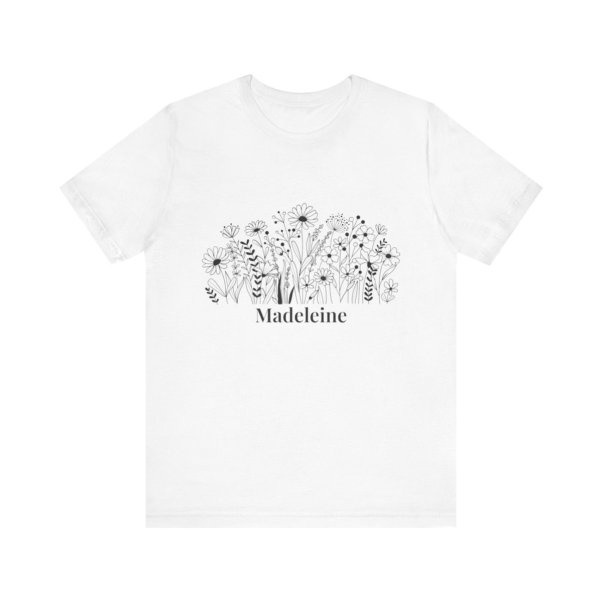 Personalized wildflower line art white t-shirt with name