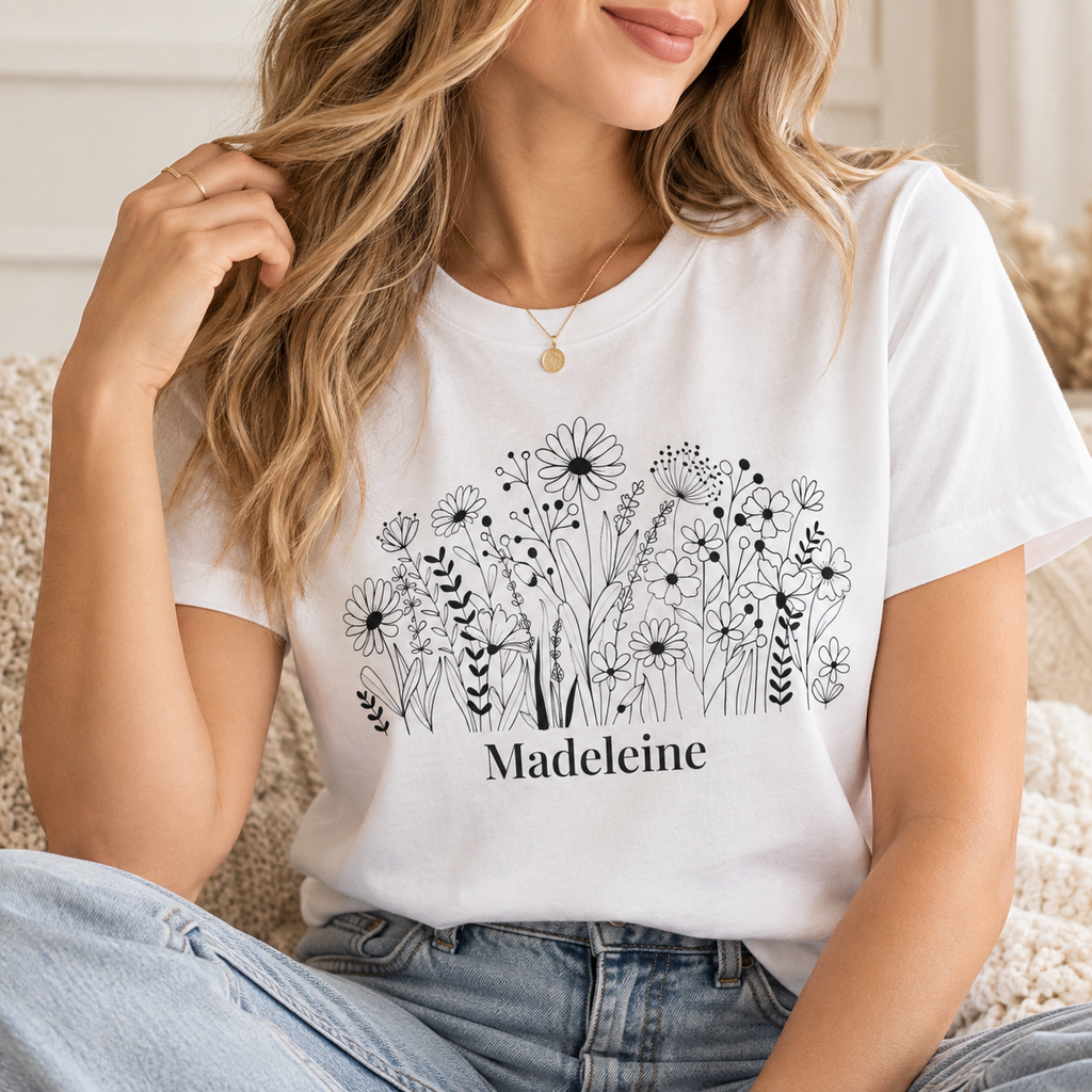 Wildflower line art t-shirt mockup showing design placement
