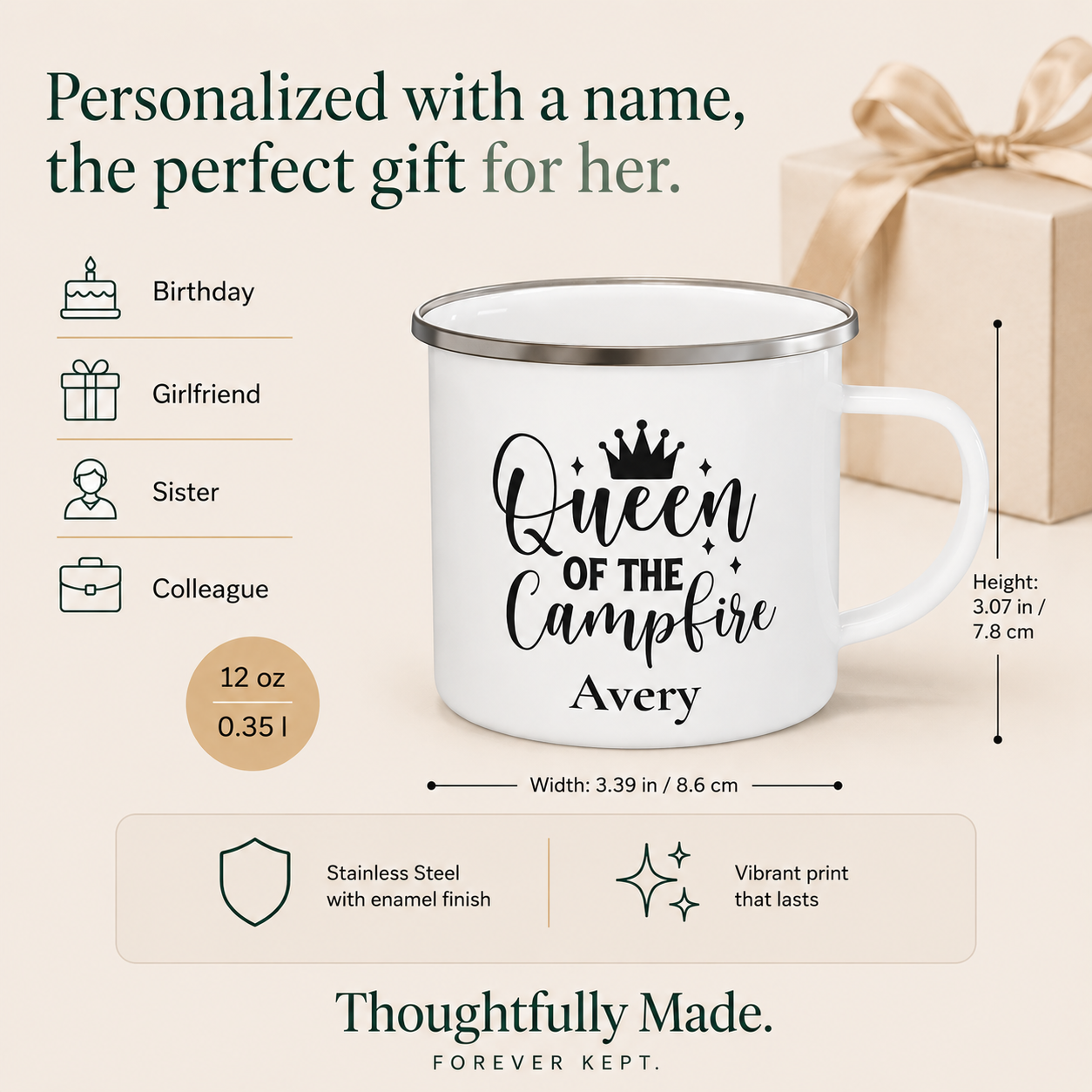 Close-up of the Queen of the Campfire mug enamel finish and metal rim