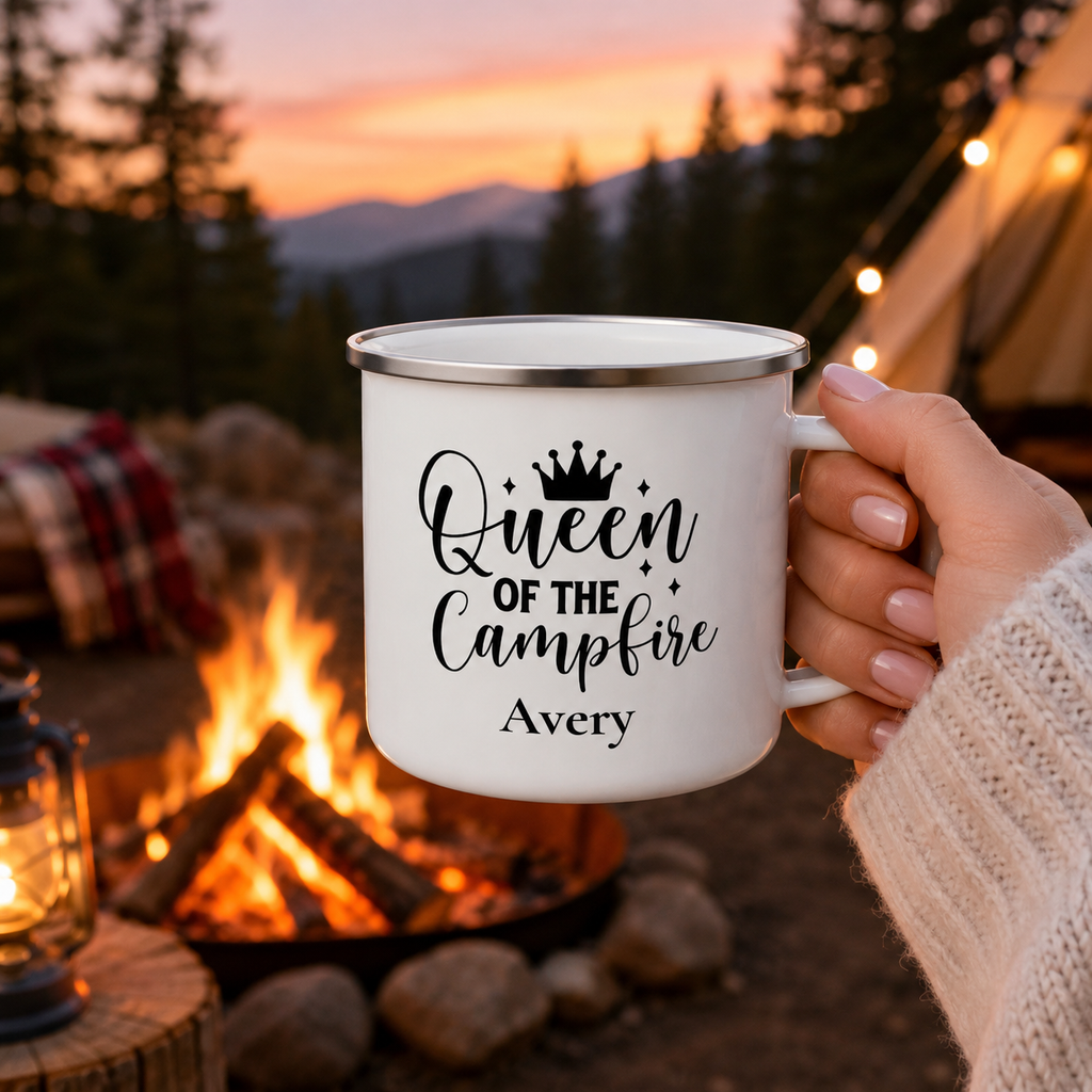 Personalized name customization preview on the Queen of the Campfire camping mug