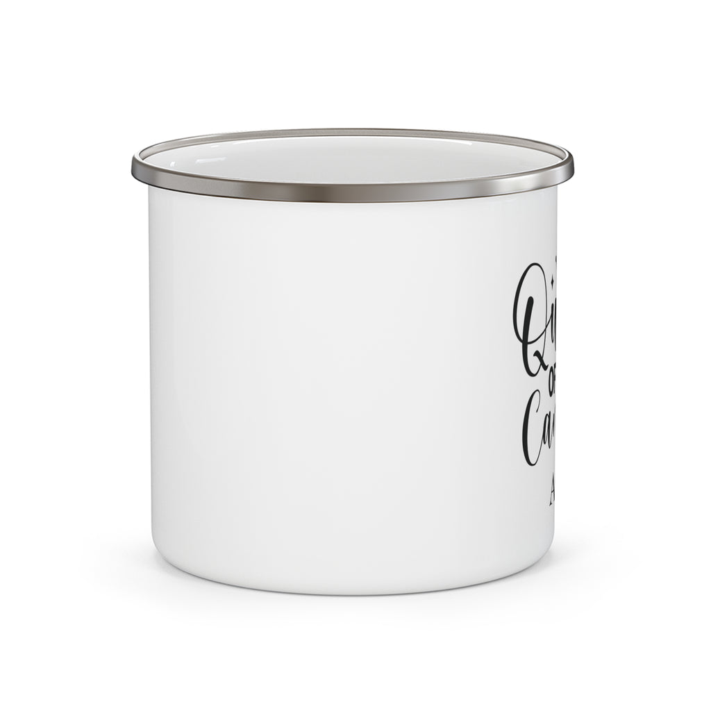 Queen of the Campfire personalized mug displayed outdoors at a campsite