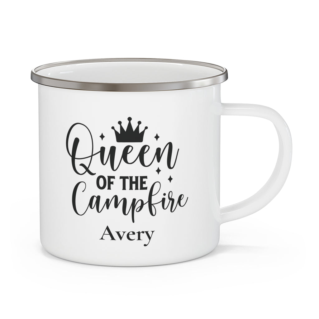 Queen of the Campfire personalized white enamel camping mug with crown design