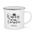 Queen of the Campfire personalized white enamel camping mug with crown design