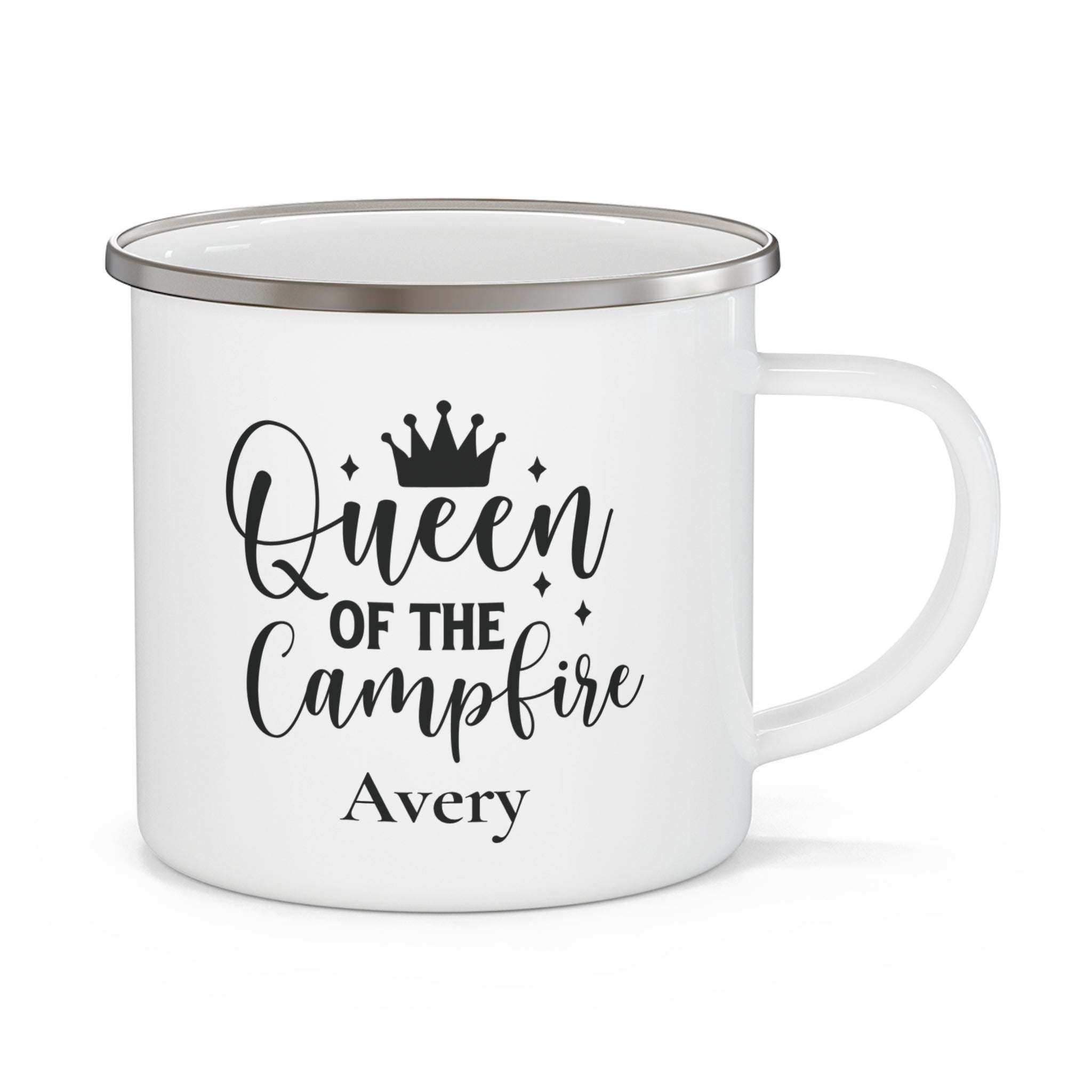 Queen of the Campfire personalized white enamel camping mug with crown design