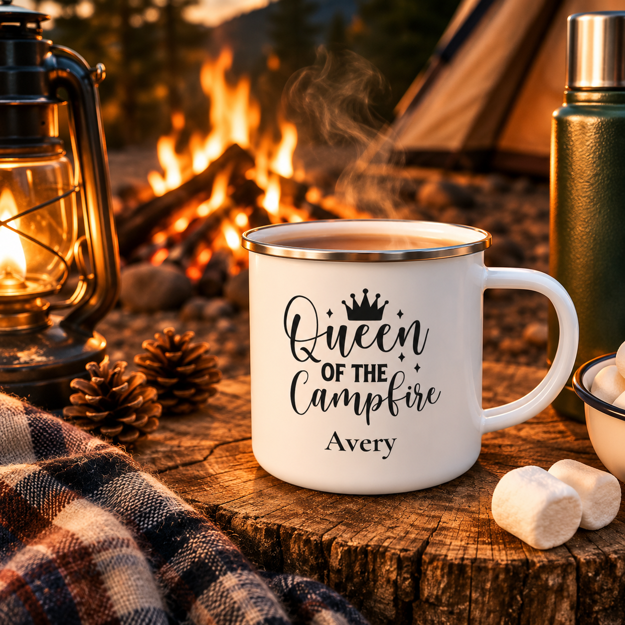 Queen of the Campfire enamel mug mockup showing design placement