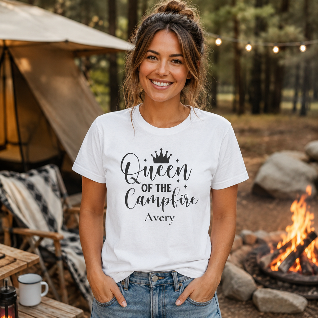 Back view of Queen of the Campfire personalized white t-shirt