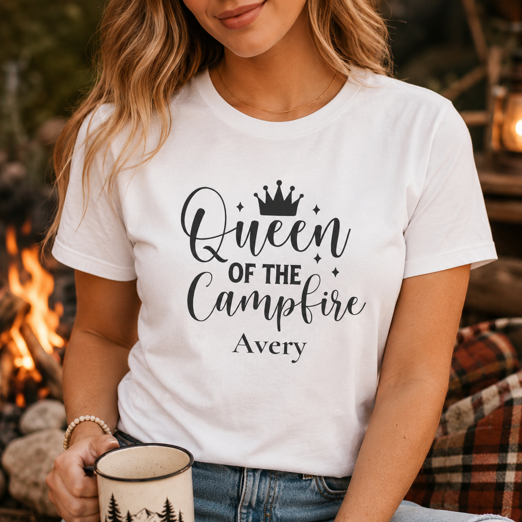 Close-up of crown and campfire graphic with personalized name print
