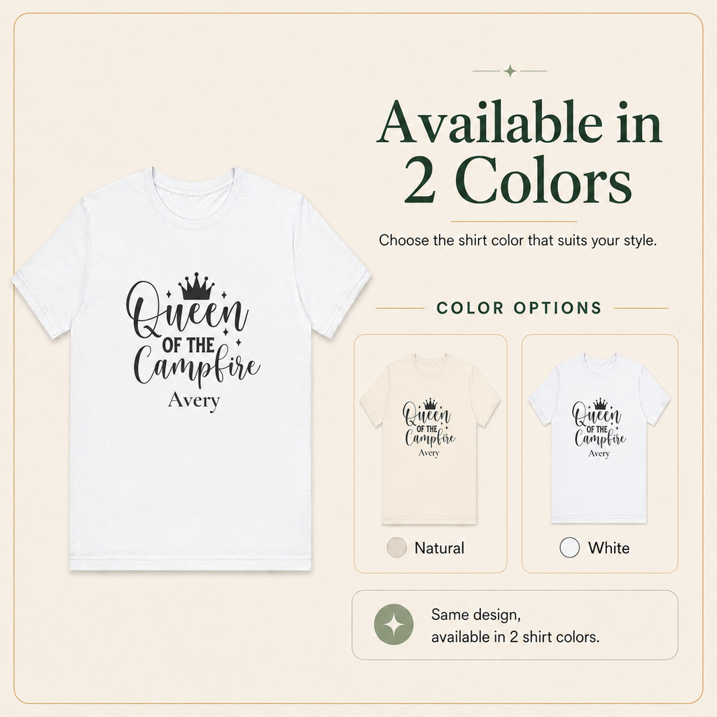 Model wearing Queen of the Campfire personalized t-shirt outdoors by a fire