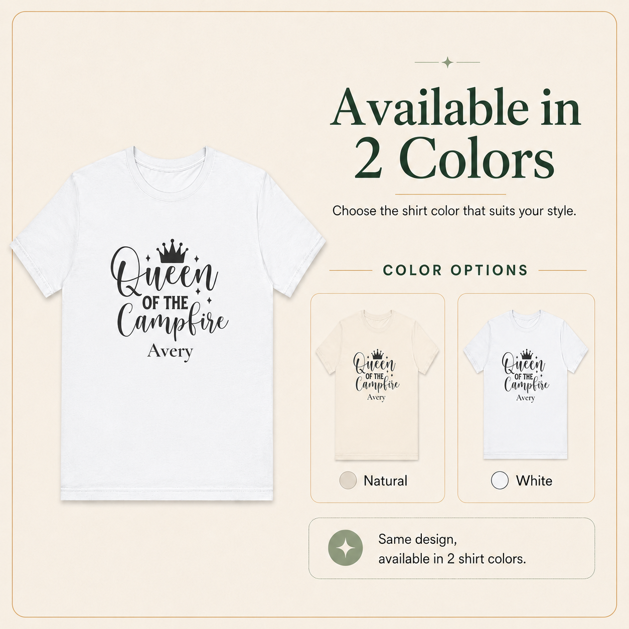 Model wearing Queen of the Campfire personalized t-shirt outdoors by a fire