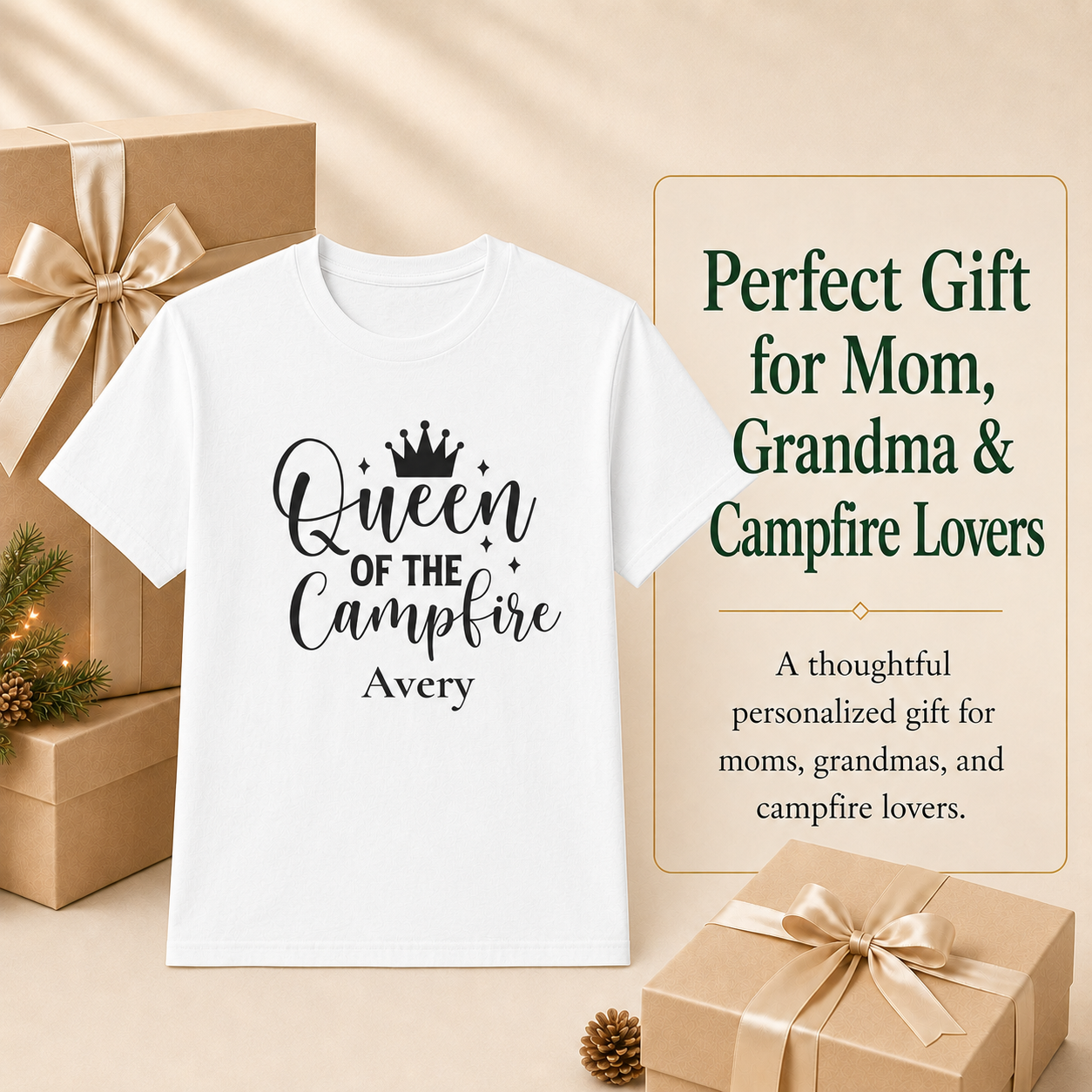 Folded Queen of the Campfire personalized t-shirt showing size and fit