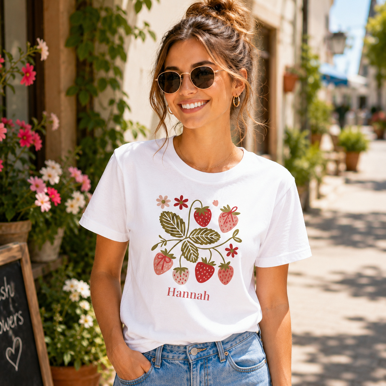 Close-up of strawberry and wildflower graphic with personalized name print