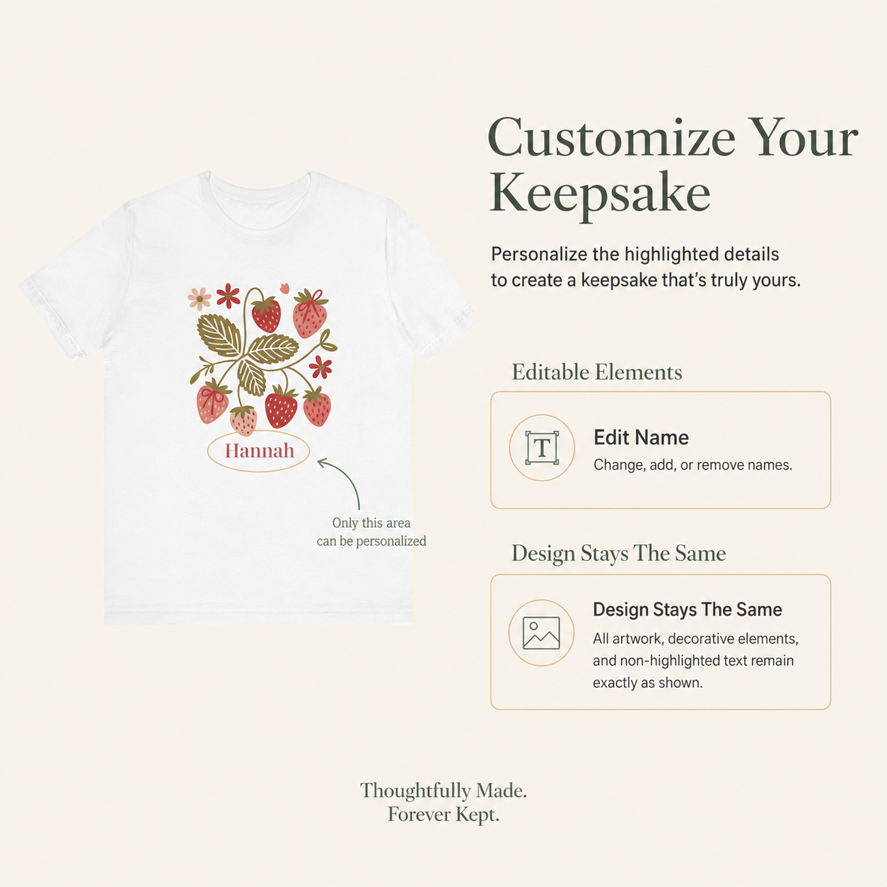 Strawberry blossom personalized t-shirt flat lay