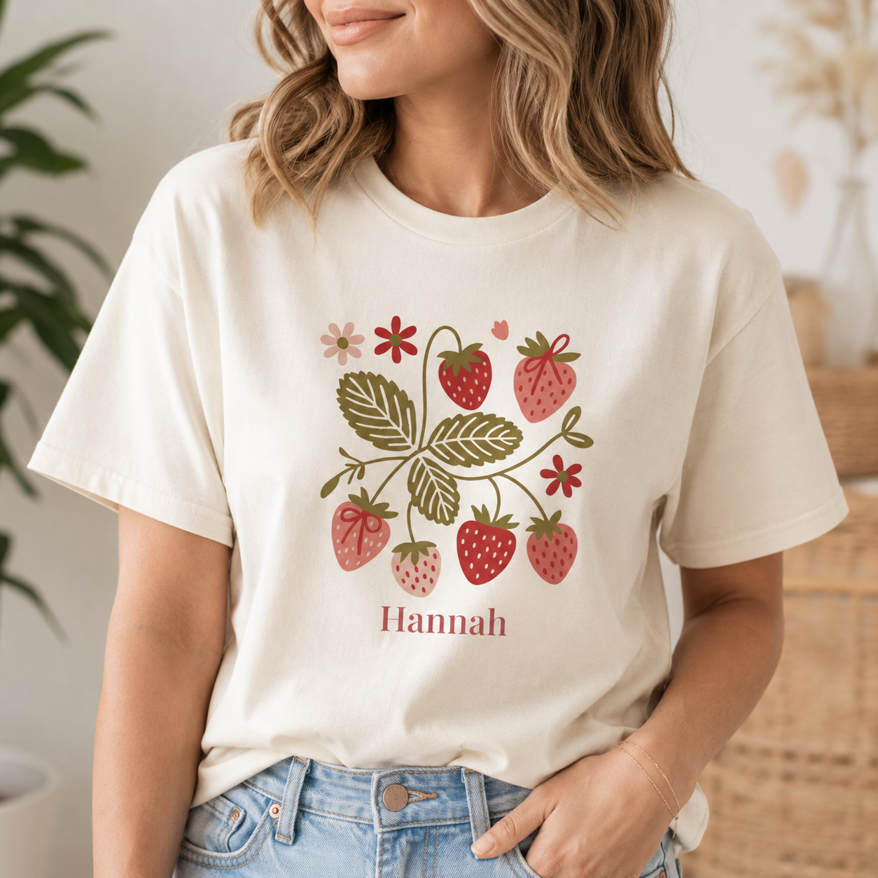 Strawberry blossom personalized t-shirt on hanger
