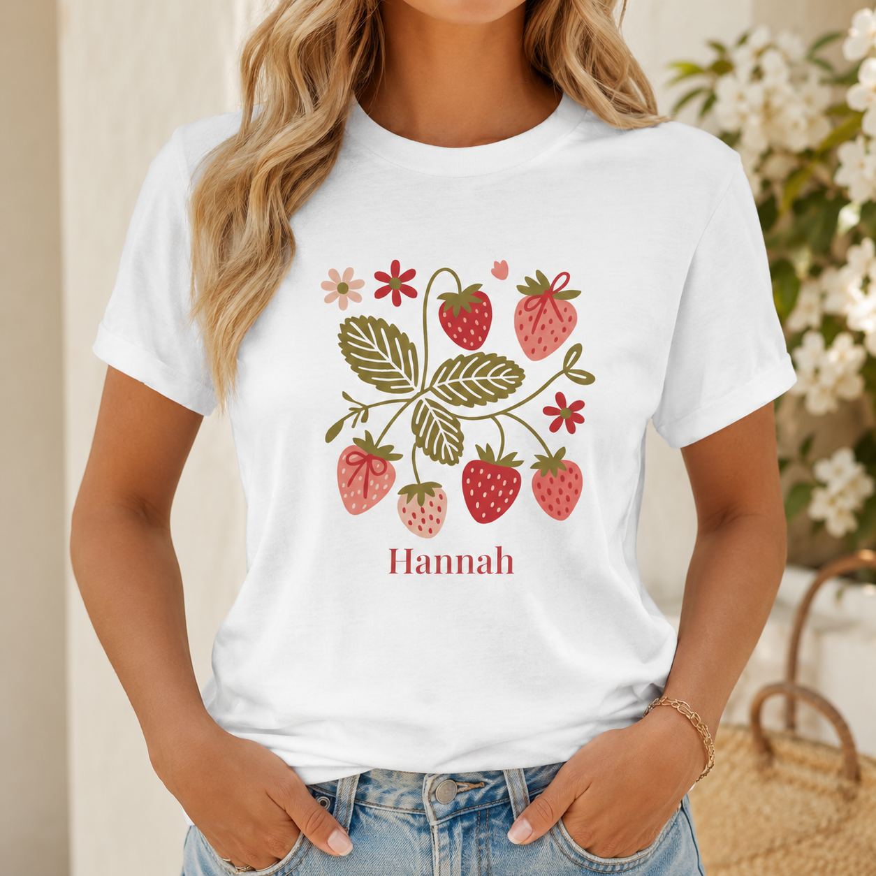 Model wearing strawberry blossom personalized t-shirt outdoors