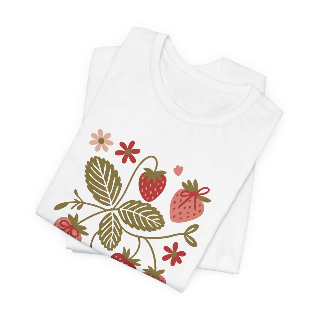 Folded strawberry blossom personalized t-shirt showing size and fit
