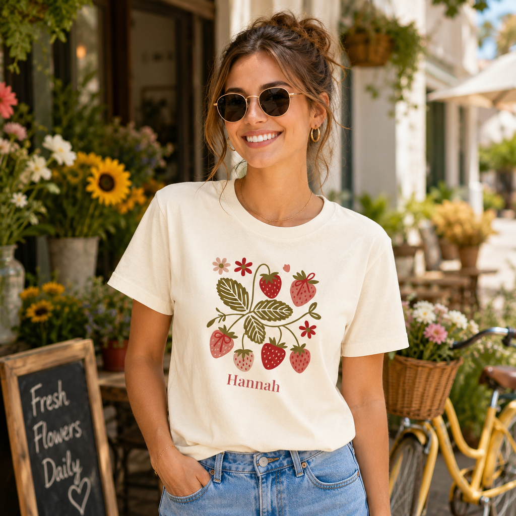 Strawberry blossom personalized t-shirt worn by model close-up