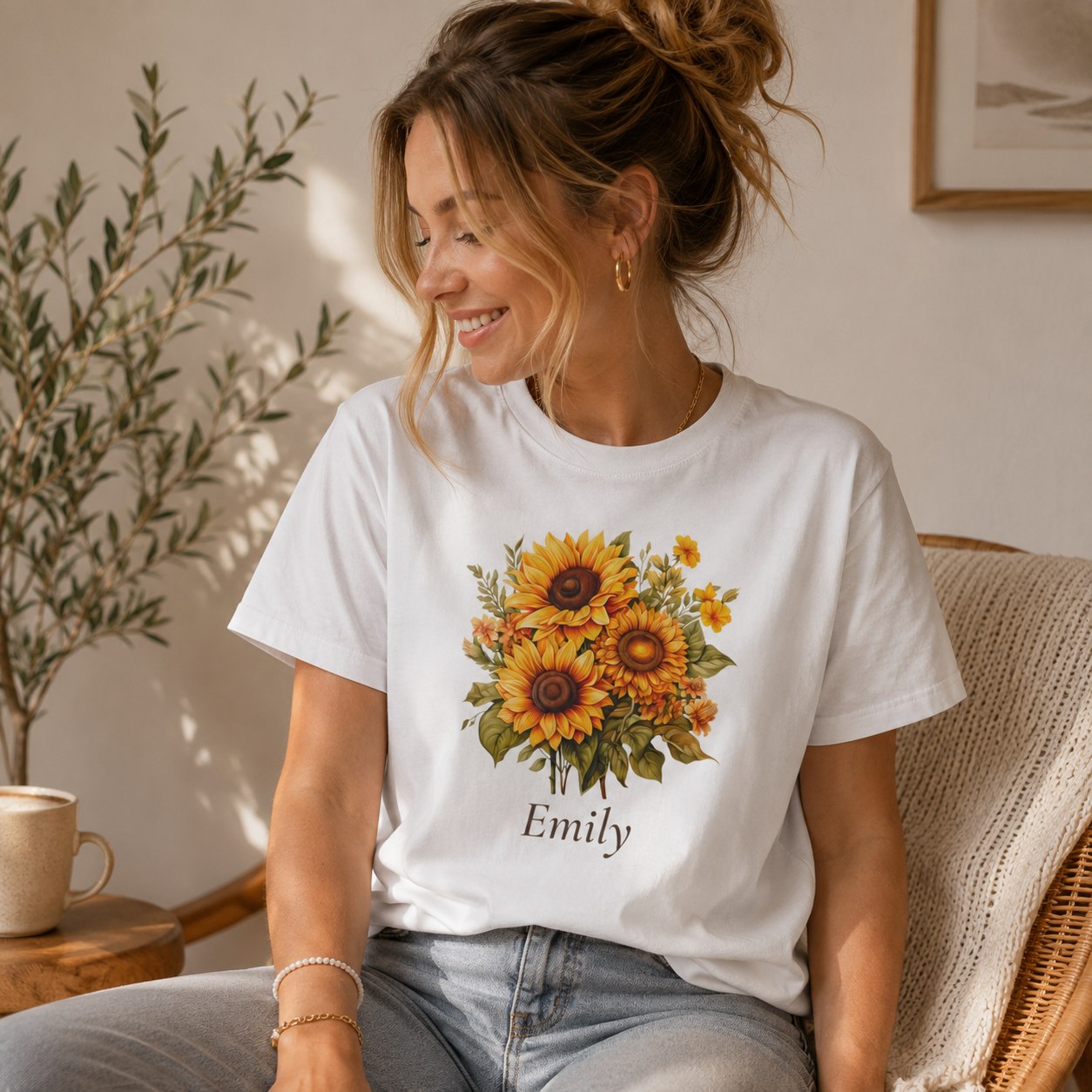 Close-up of sunflower bouquet graphic with personalized name print