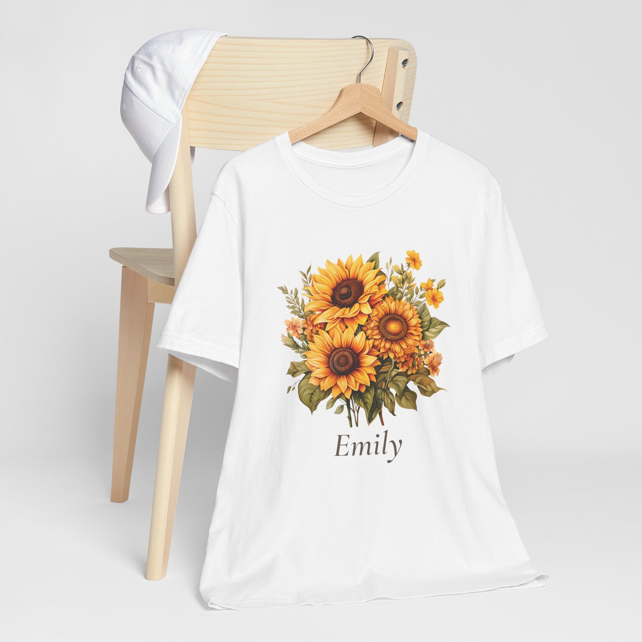 Folded sunflower bouquet personalized t-shirt showing size and fit