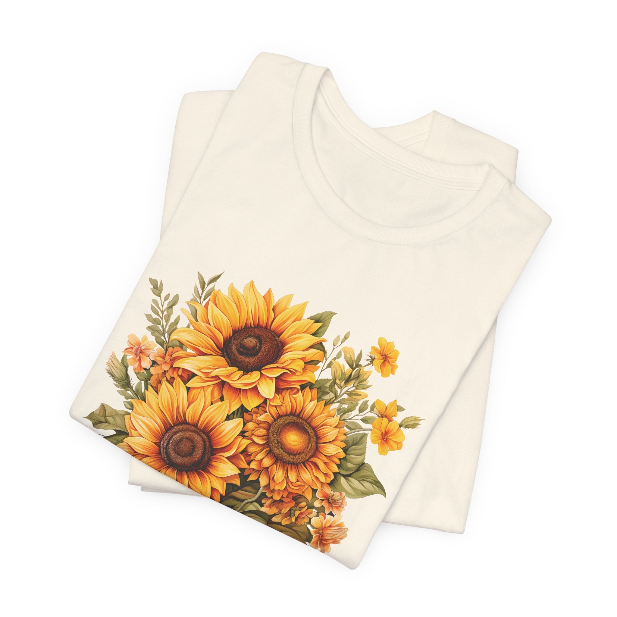 Sunflower bouquet personalized t-shirt worn by model close-up