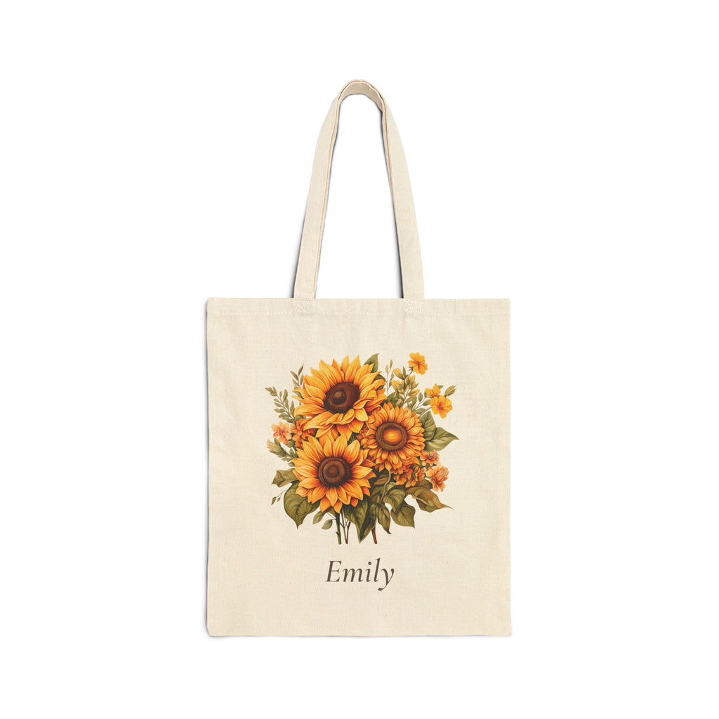 Personalized sunflower natural cotton canvas tote with a hand-illustrated bouquet and a custom name