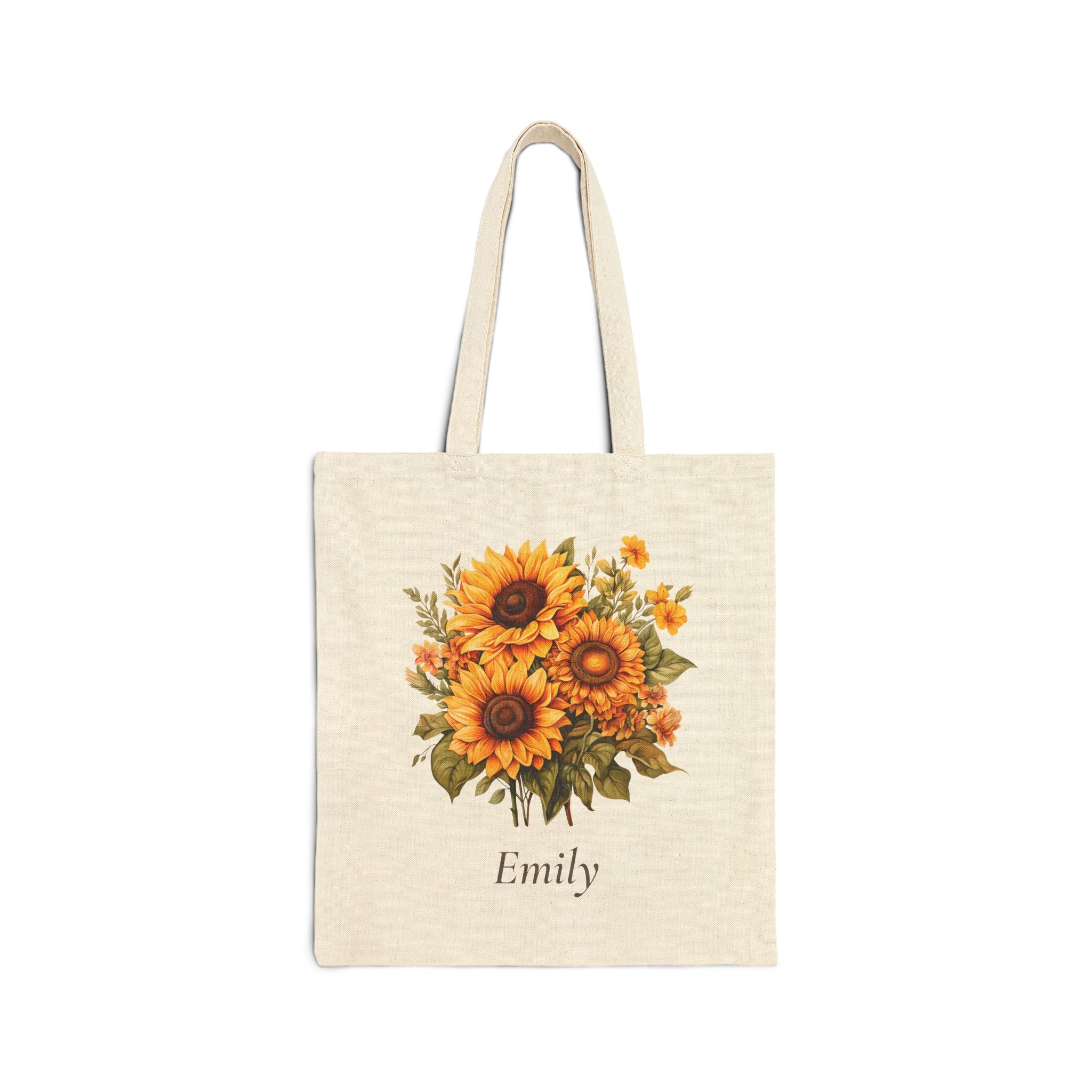 Personalized sunflower natural cotton canvas tote with a hand-illustrated bouquet and a custom name