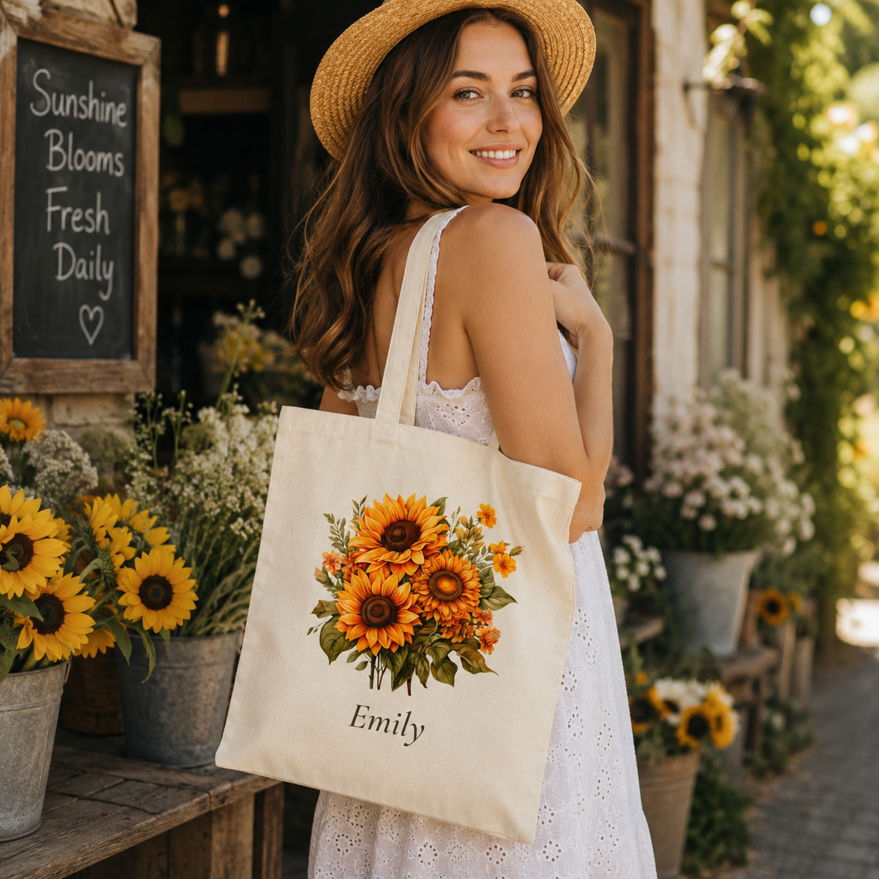 Close-up of the sunflower print on the Sunflower tote bag