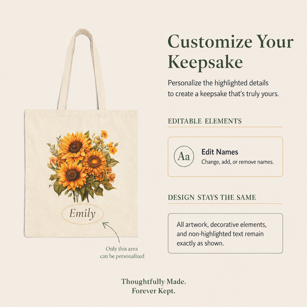 Sunflower personalized cotton tote bag shown flat