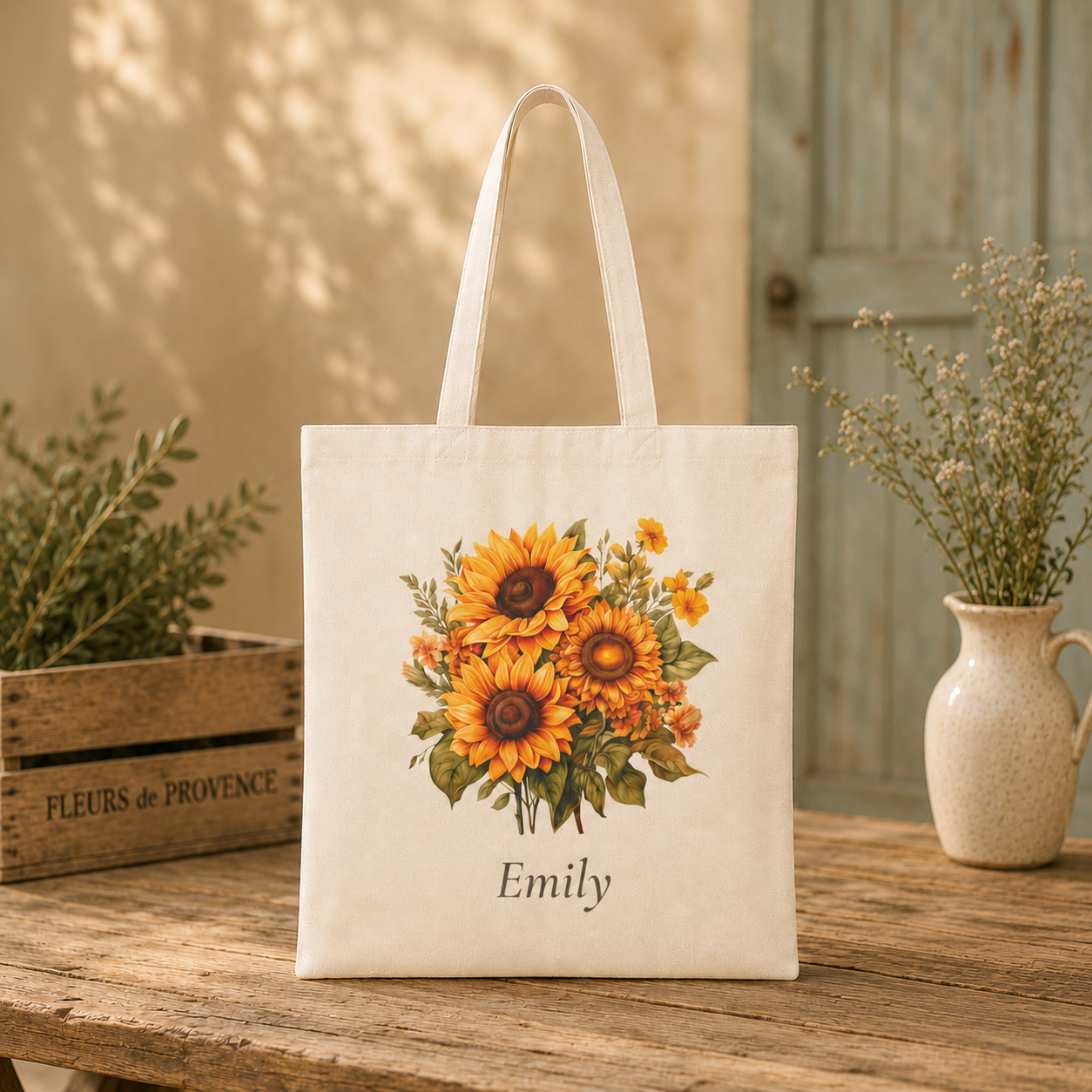 Sunflower personalized tote bag shown held by the handles