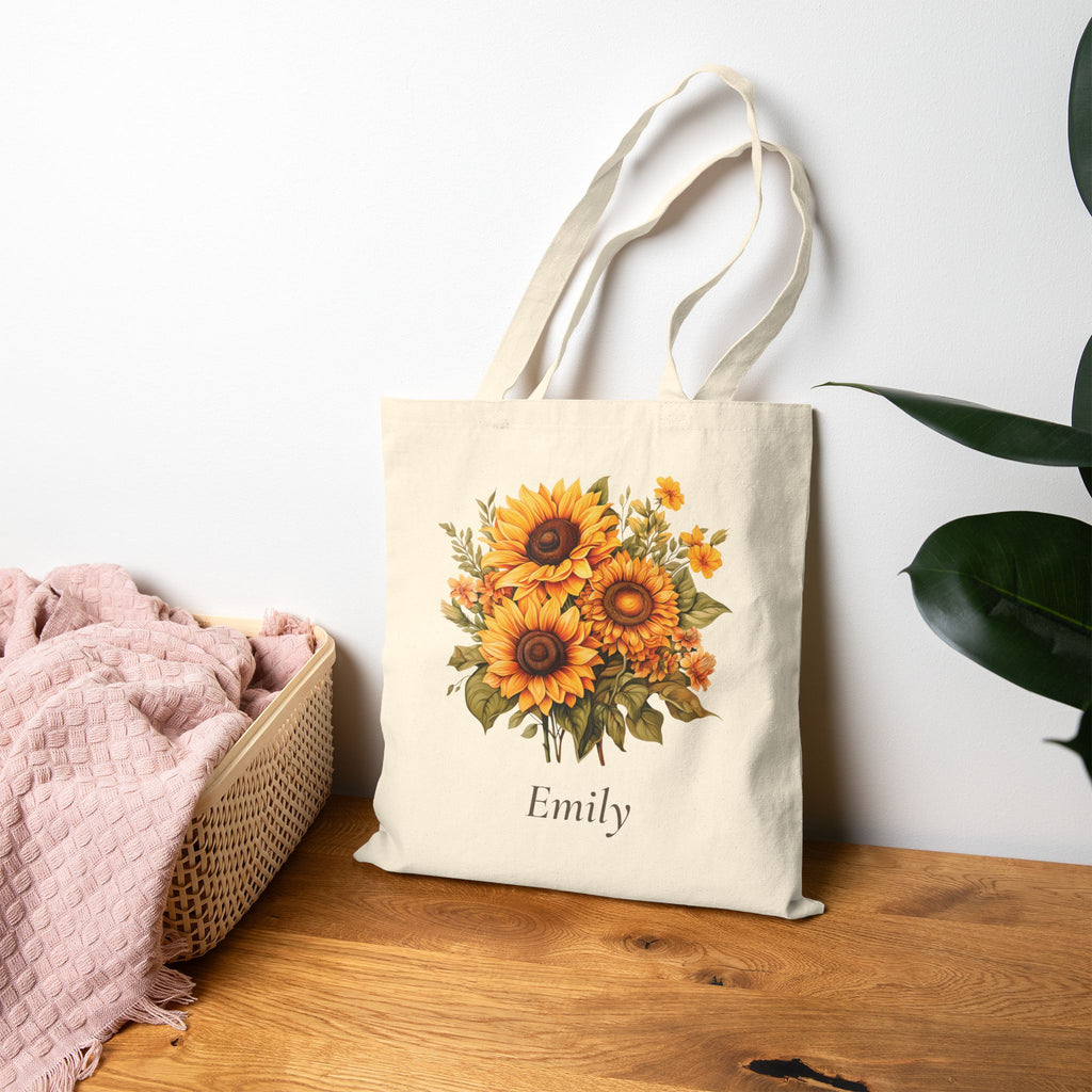 Sunflower natural canvas tote styled for a market trip