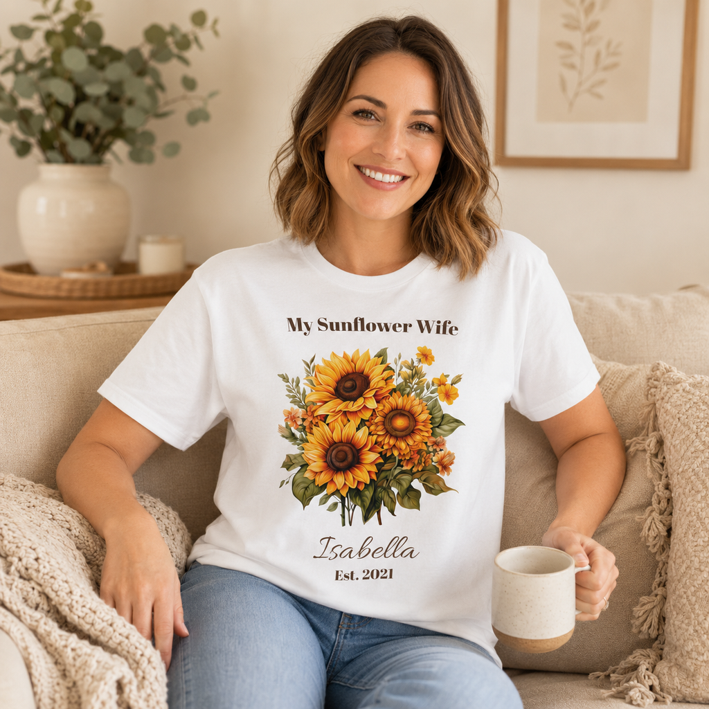 My Sunflower Wife personalized tee shown on a model