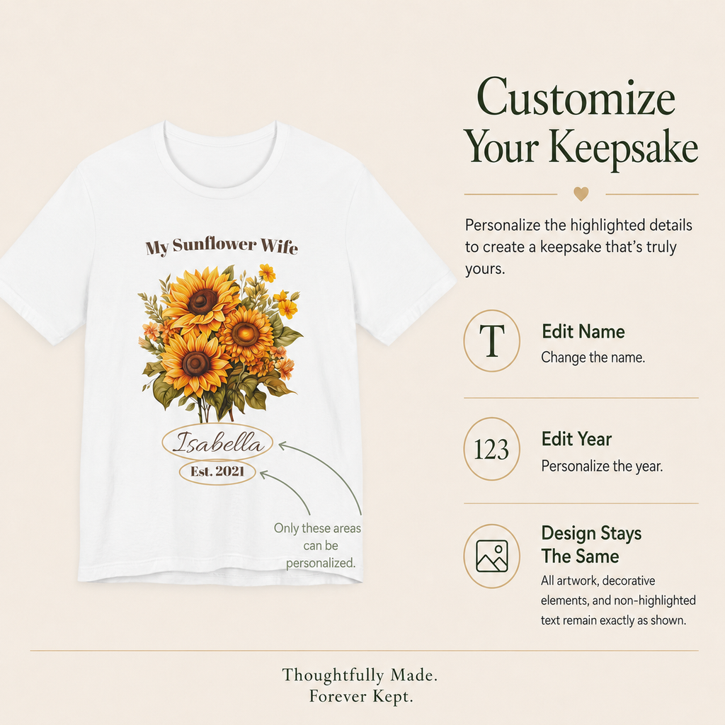 Detail of the personalized text on the My Sunflower Wife tee