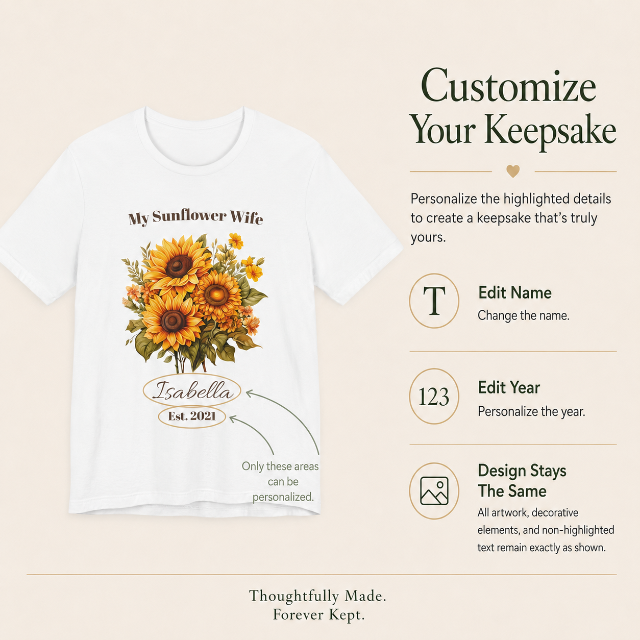 Detail of the personalized text on the My Sunflower Wife tee